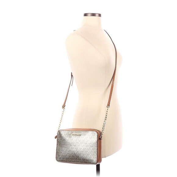 MICHAEL KORS Jet Set Item Silver Brown Leather Zip Chain East West Crossbody Bag - Picture 2 of 10